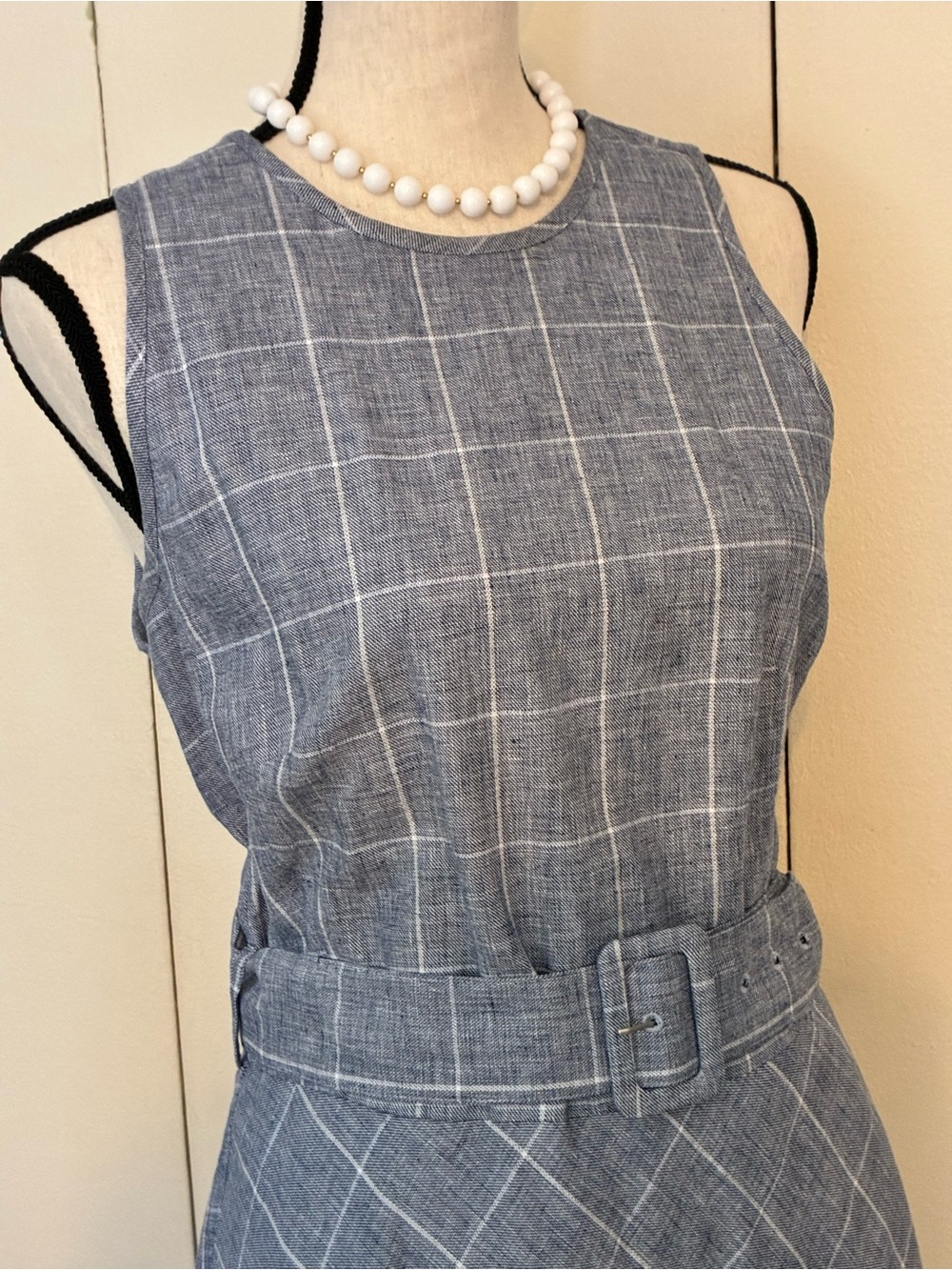 Brooks Brothers Linen and Cotton Gray and White Windowpane Sleeveless Midi Dress - Picture 7 of 15
